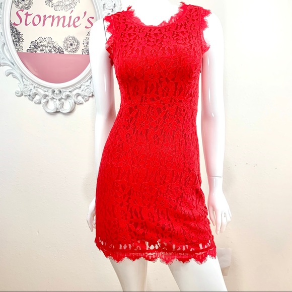 Joompy Dresses & Skirts - Joompy/ Red Fitted Lace Scalloped Frayed Bow Dress